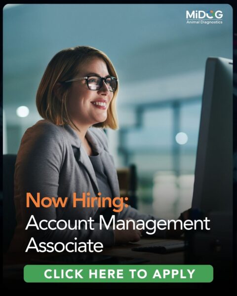MiDOG Animal Diagnostics hiring graphic for an Account Management Associate position, featuring a professional working at a computer and a button inviting candidates to apply.