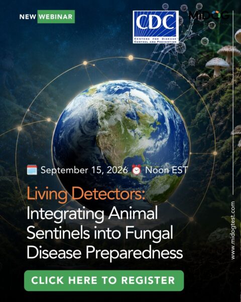 CDC and MiDOG webinar graphic for “Living Detectors: Integrating Animal Sentinels into Fungal Disease Preparedness,” September 15, 2026, at noon EST.