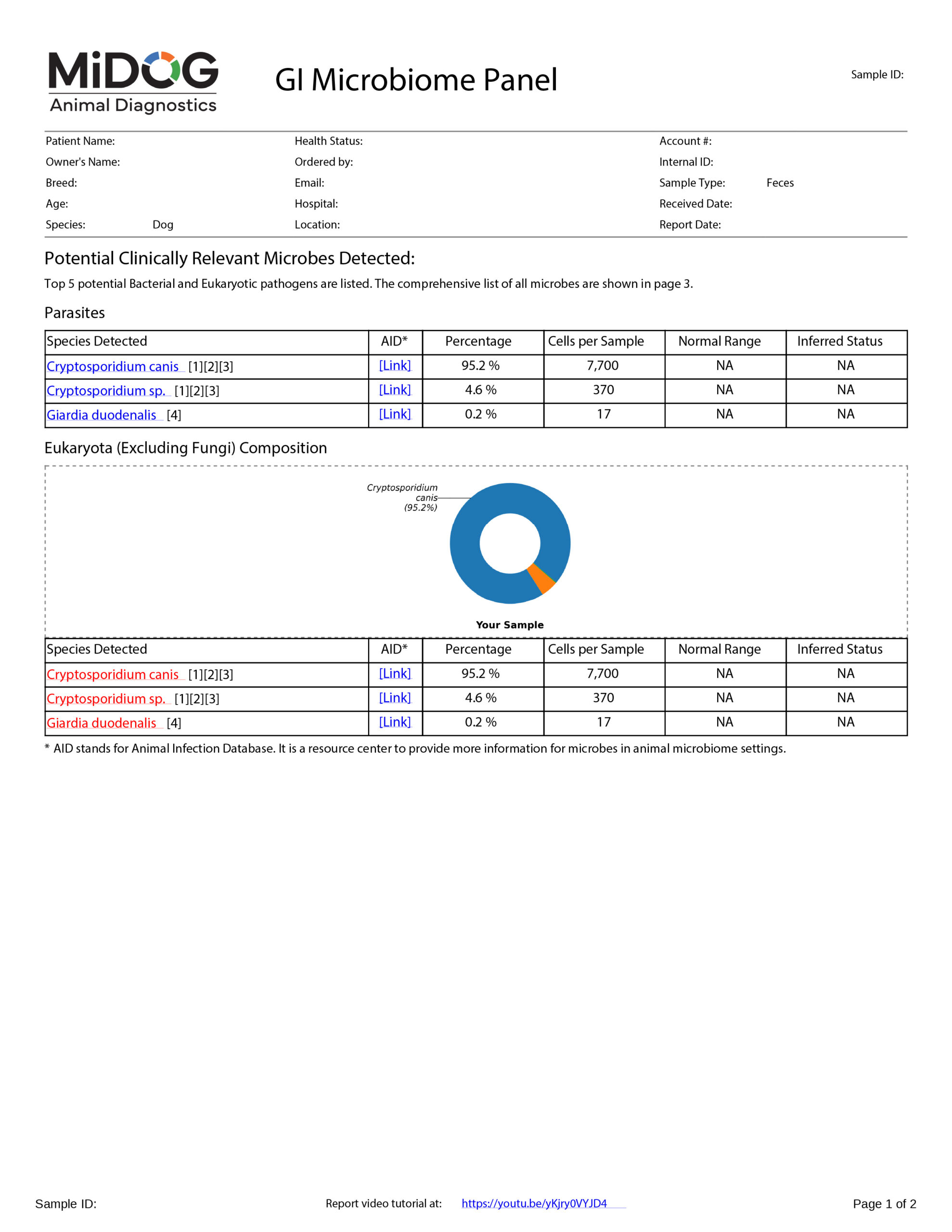 Dog GI Microbiome Panel Example Report Example MiDOG GI Microbiome Panel report for a dog fecal sample showing parasite detection results, including Cryptosporidium and Giardia.