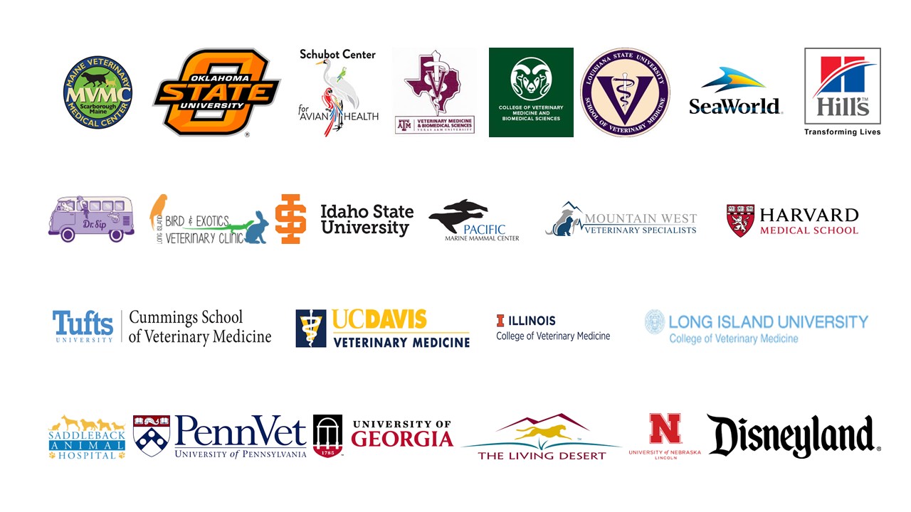 Logos of veterinary schools, universities, specialty hospitals, zoological institutions, and industry partners collaborating with MiDOG on research and clinical studies.