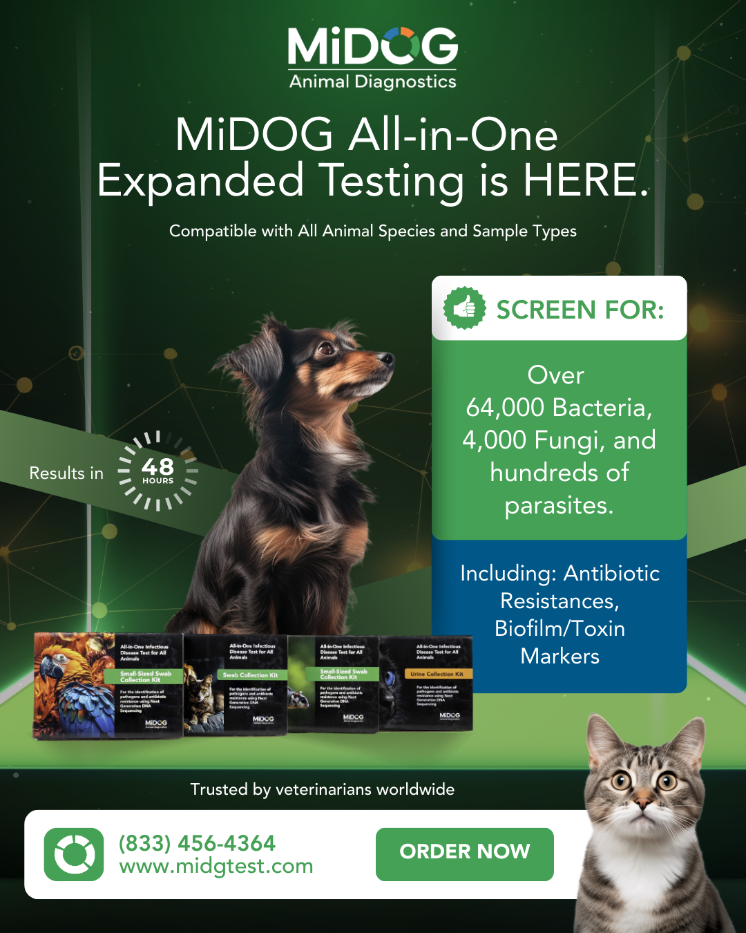 MiDOG Expanded Testing announcement showing detection of bacteria, fungi, and parasites for veterinary diagnostics with 48-hour results.