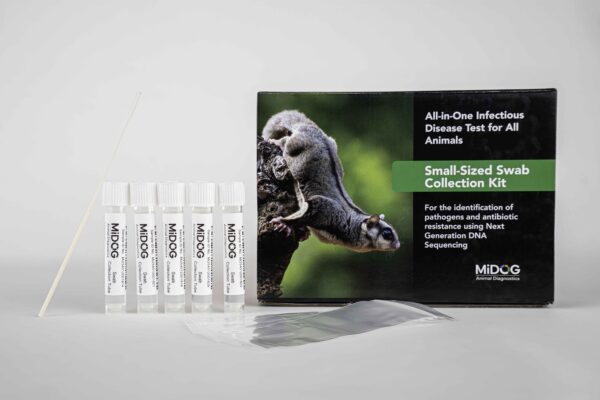 MiDOG Small-Sized Swab Collection Kit displayed with swabs and transport tubes, designed for all-animal infectious disease testing using Next Generation DNA Sequencing.